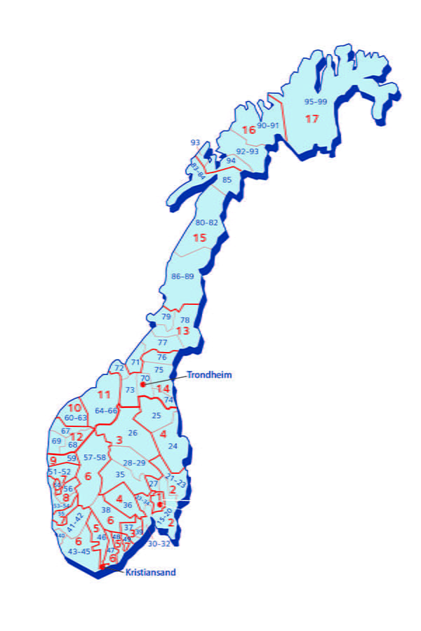 Kartta: Norja postinumeroalueet ja DSV:n terminaali kartalla